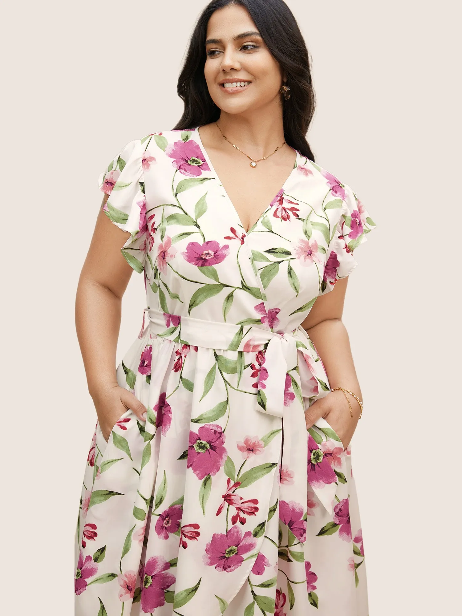 Surplice Neck Floral Ruffle Cap Sleeve Dress sold by Bloomchic product image thumbnail 2