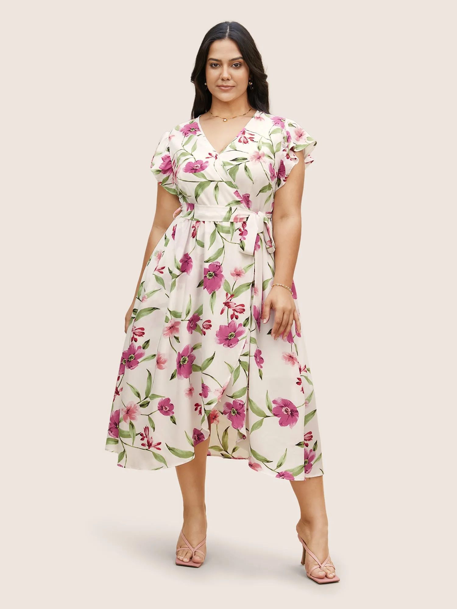 Surplice Neck Floral Ruffle Cap Sleeve Dress sold by Bloomchic product image thumbnail 3