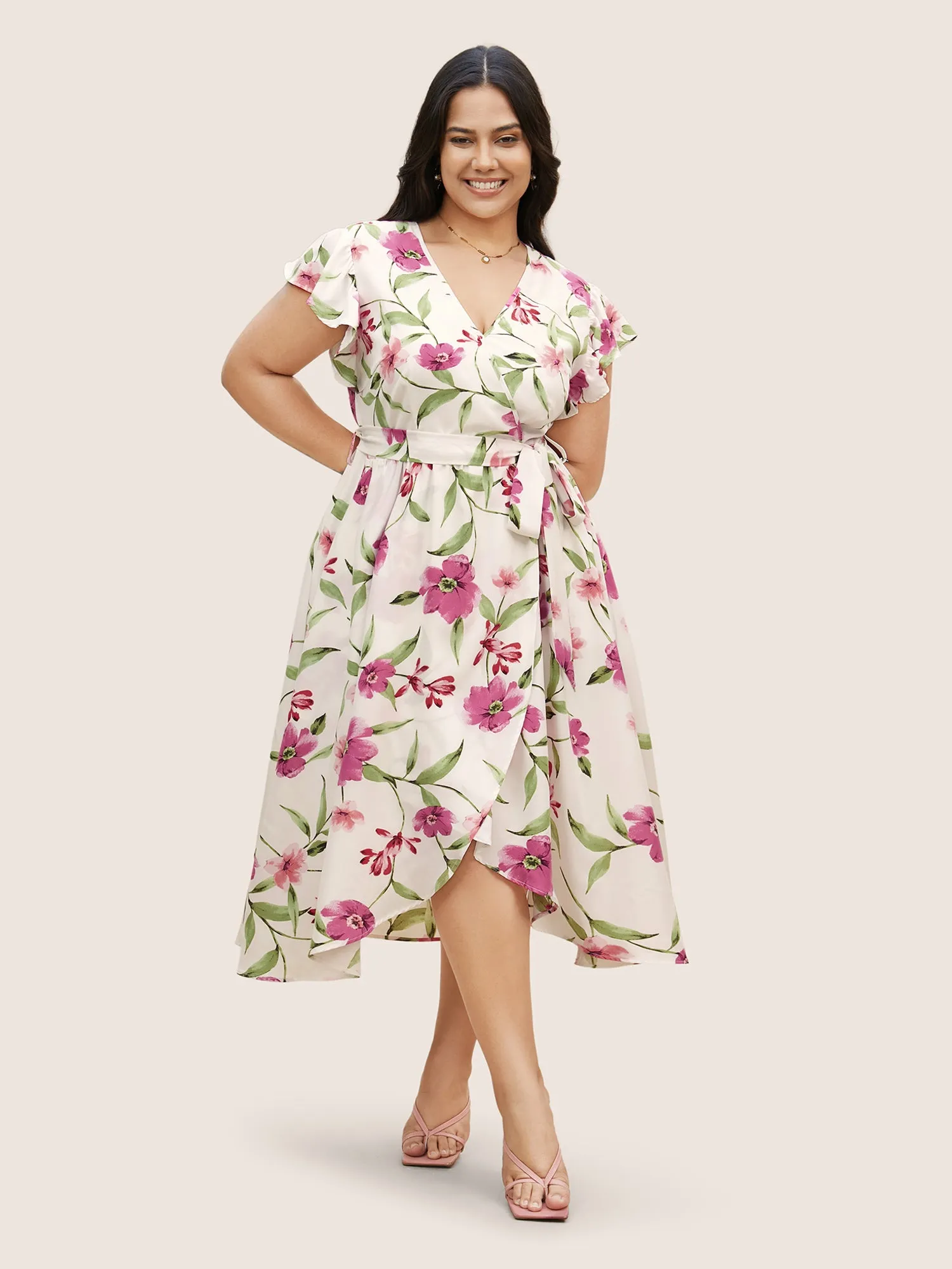 Surplice Neck Floral Ruffle Cap Sleeve Dress sold by Bloomchic