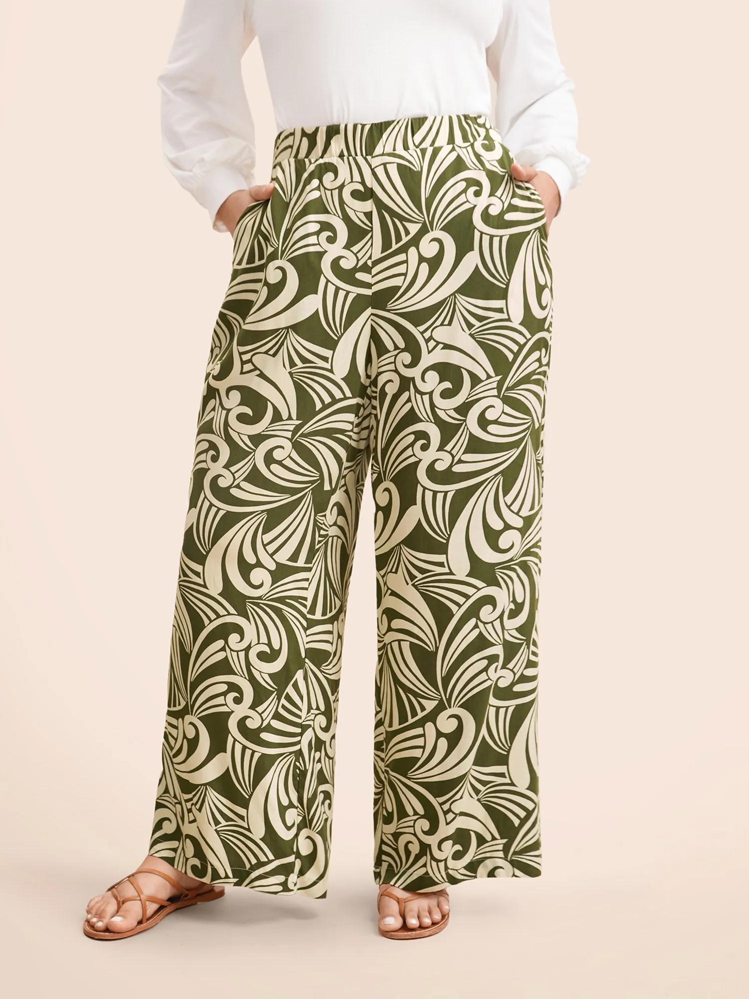 Tropical Print Wide Leg Mid Rise Pants sold by Bloomchic