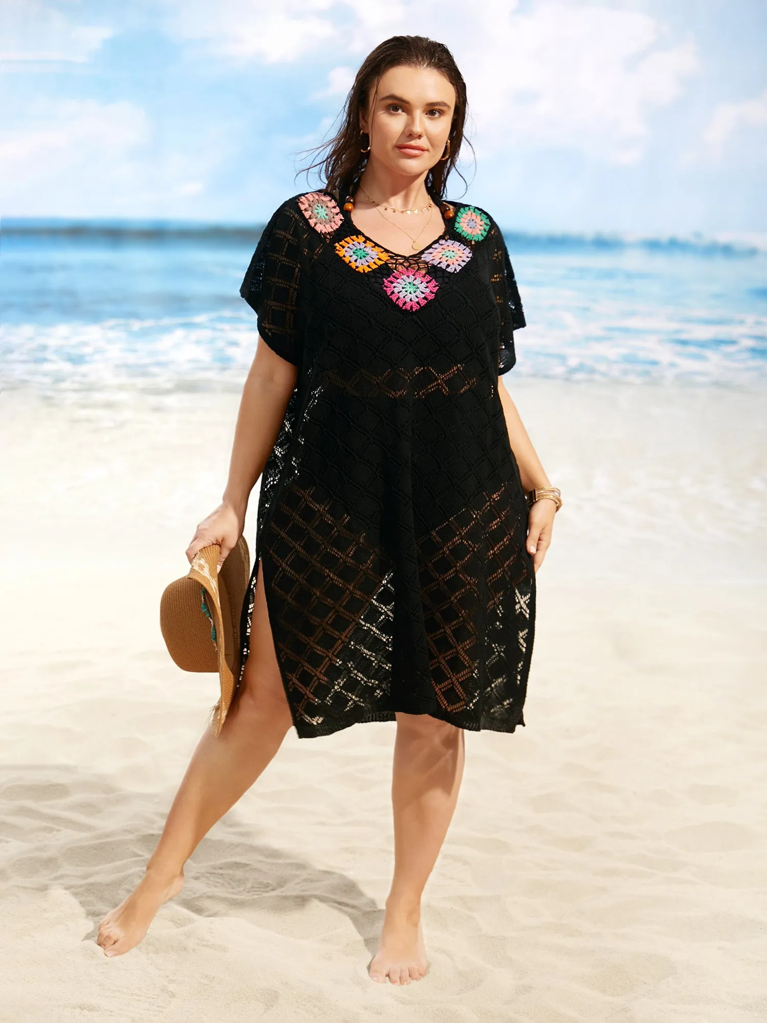Crochet Floral Split Side Dolman Sleeve Swim Cover Up sold by Bloomchic product image thumbnail 3