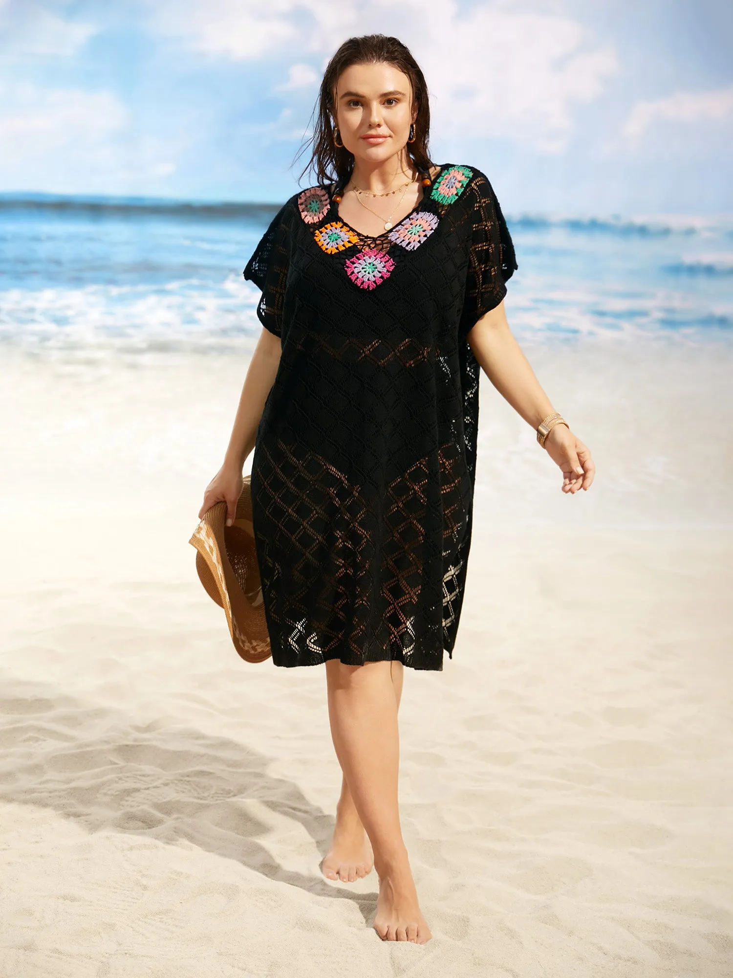 Crochet Floral Split Side Dolman Sleeve Swim Cover Up sold by Bloomchic product image thumbnail 4