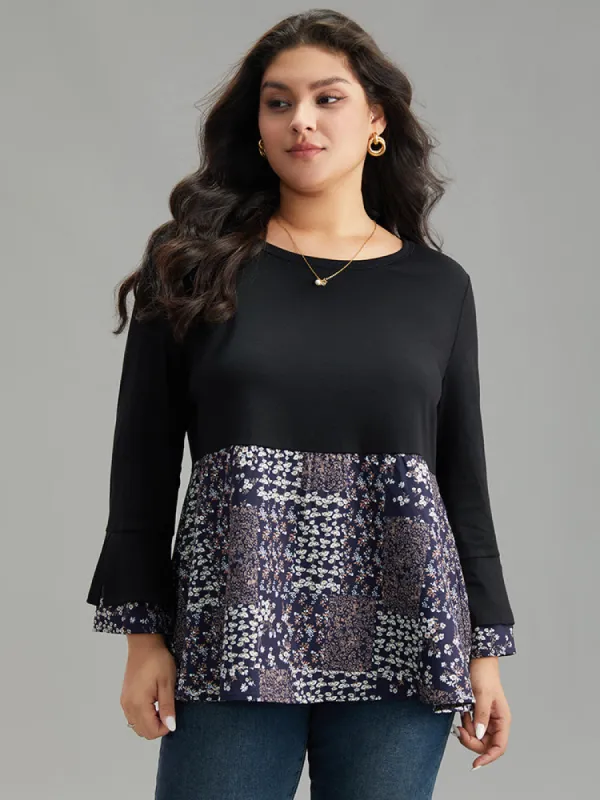 Ditsy Floral Patchwork Flutter Sleeve T-shirt sold by Bloomchic