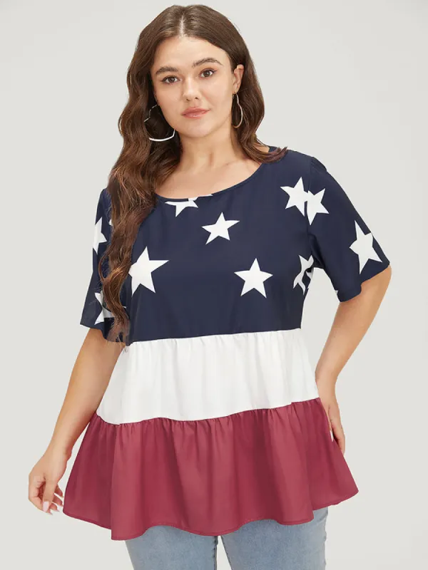 Star Patchwork Contrast Layered Hem Blouse sold by Bloomchic