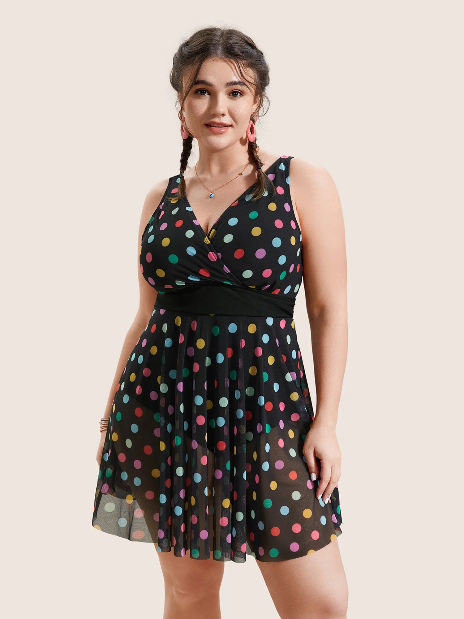 Overlap Collar Colored Polka Dot Swim Dress sold by Bloomchic