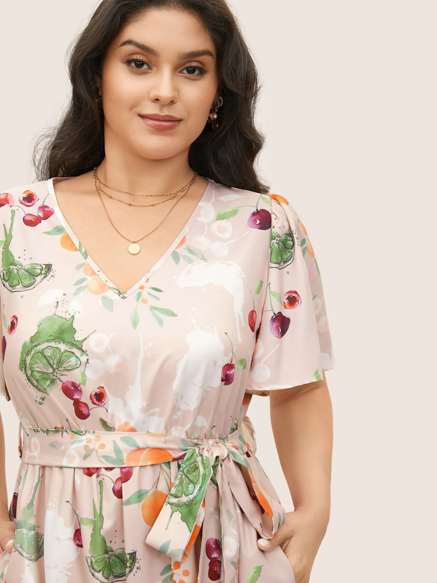 Citrus Fruits Print Elastic Waist Belted Pocket Dress sold by Bloomchic product image thumbnail 4