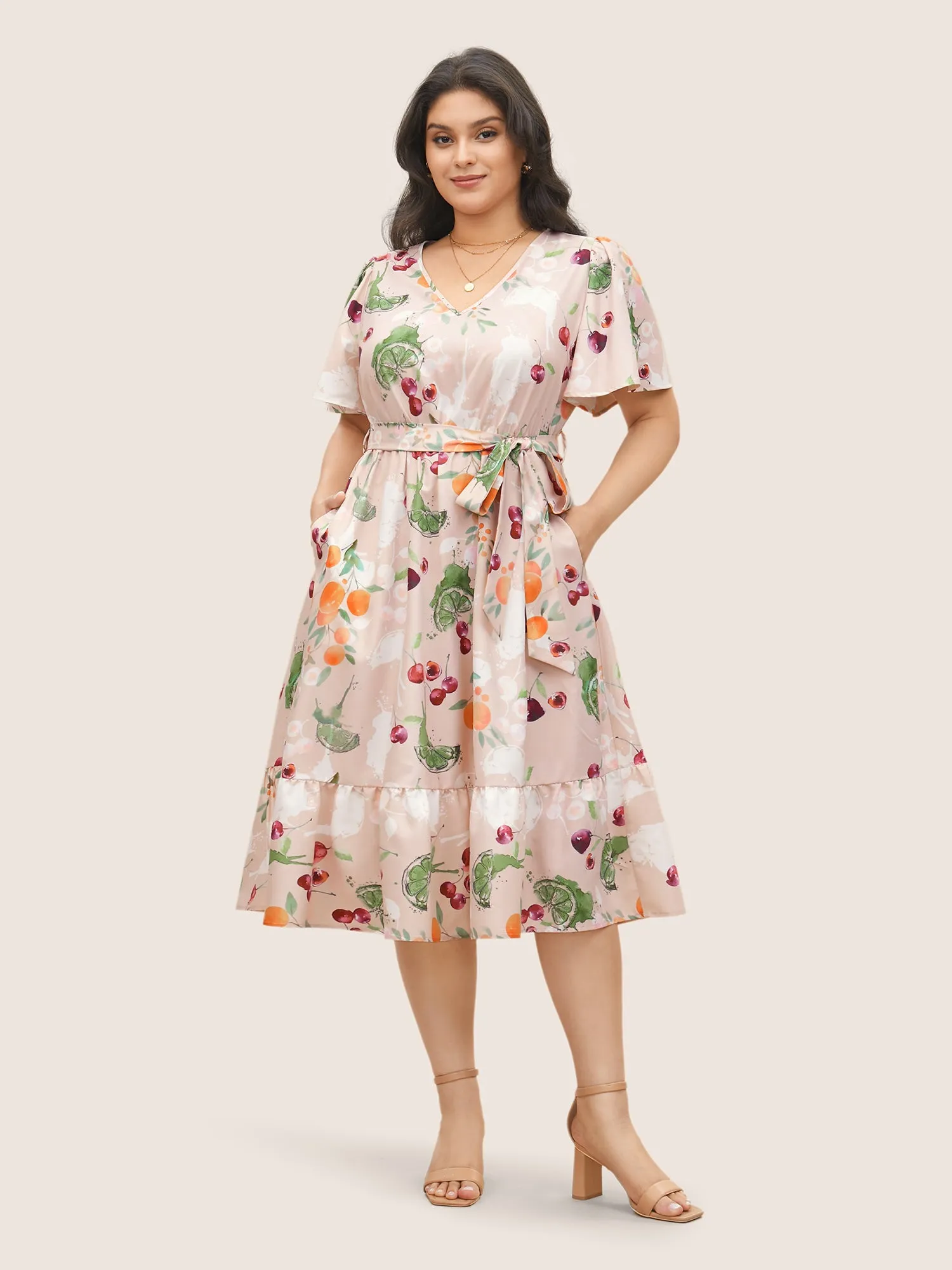 Citrus Fruits Print Elastic Waist Belted Pocket Dress sold by Bloomchic