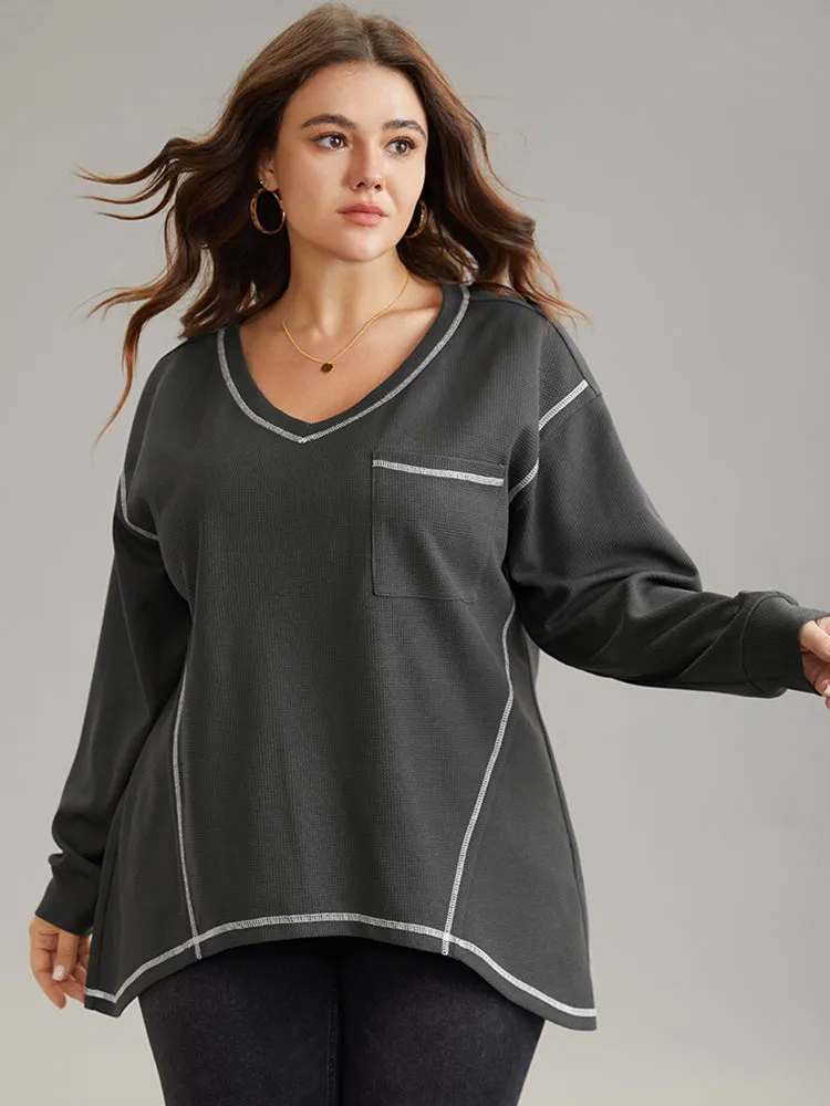 Contrast Stitch Waffle Knit Curved Hem T-shirt sold by Bloomchic