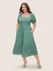 Square Neck Gingham Elastic Waist Midi Dress sold by Bloomchic