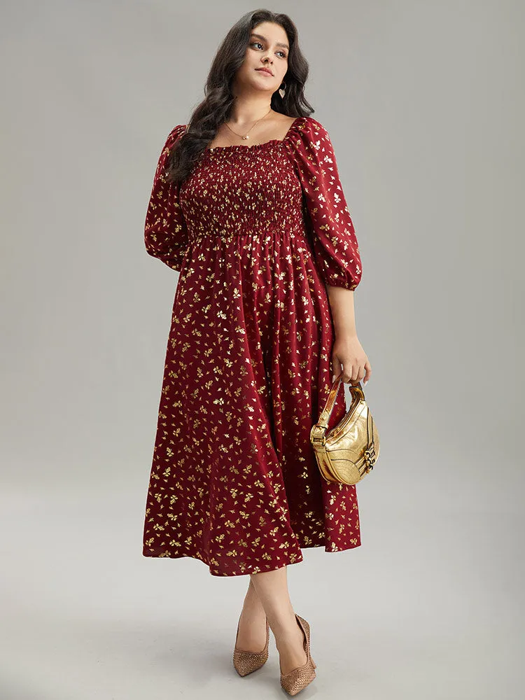 Glitter Square Neck Shirred Split Front Frill Trim Dress sold by Bloomchic