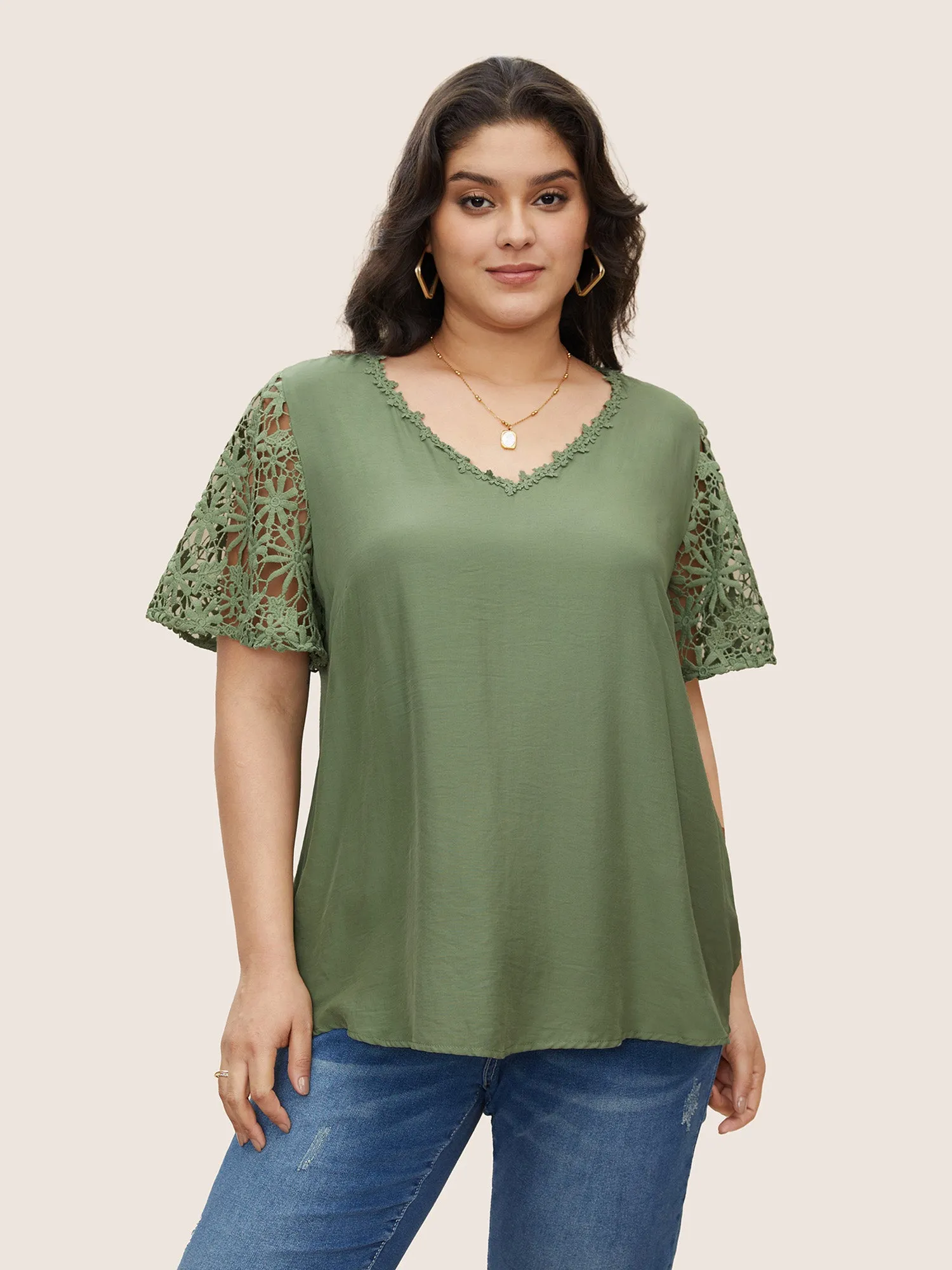 Plain V Neck Floral Patchwork Blouse sold by Bloomchic