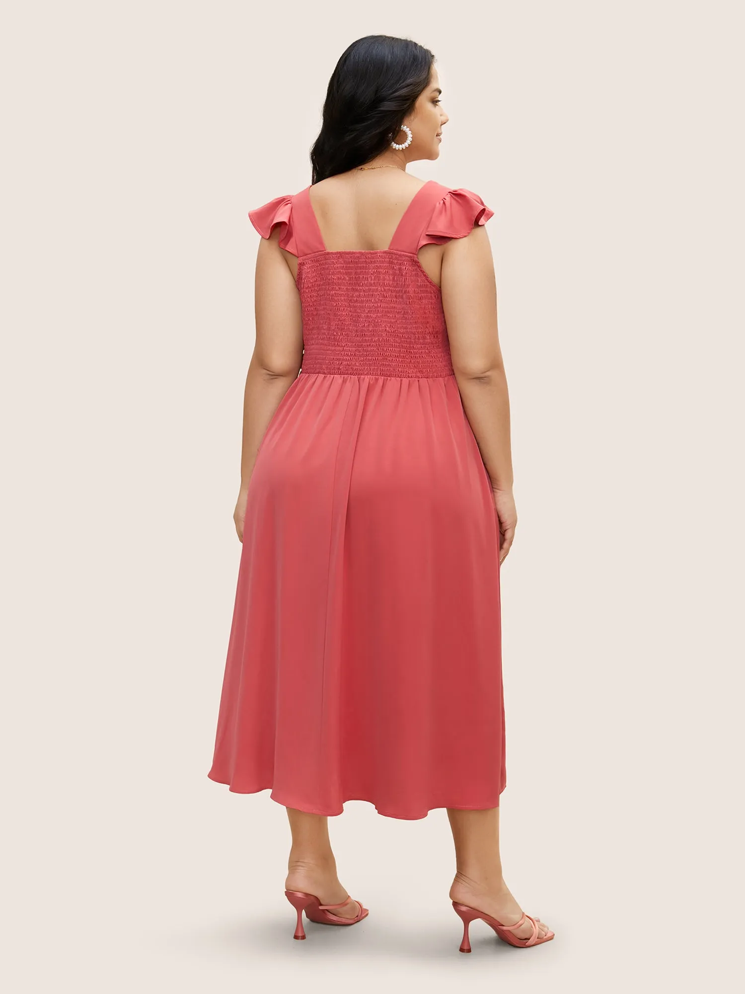 Solid Ruffle Cap Sleeve Button Detail Midi Dress sold by Bloomchic product image thumbnail 3