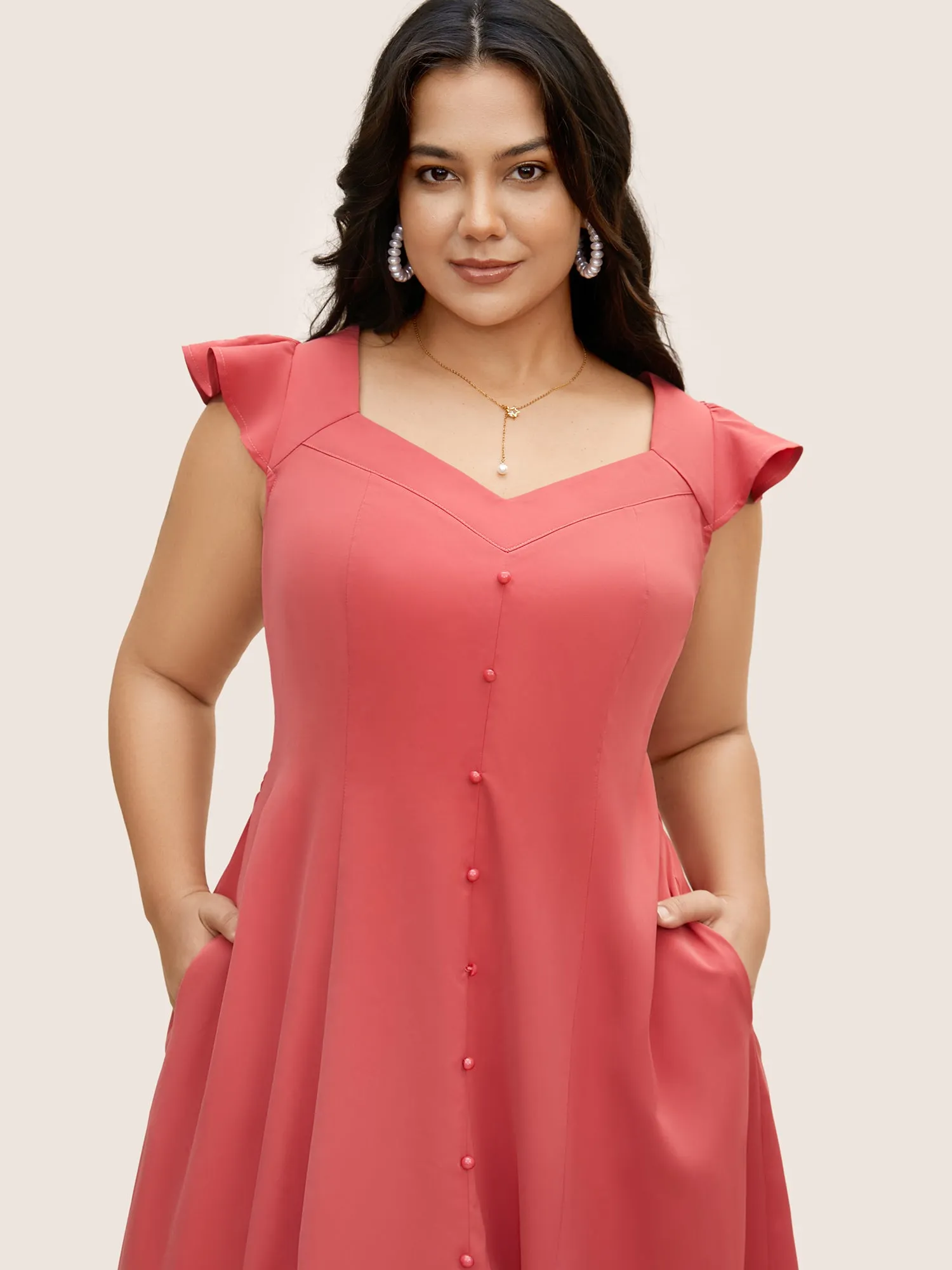 Solid Ruffle Cap Sleeve Button Detail Midi Dress sold by Bloomchic product image thumbnail 4