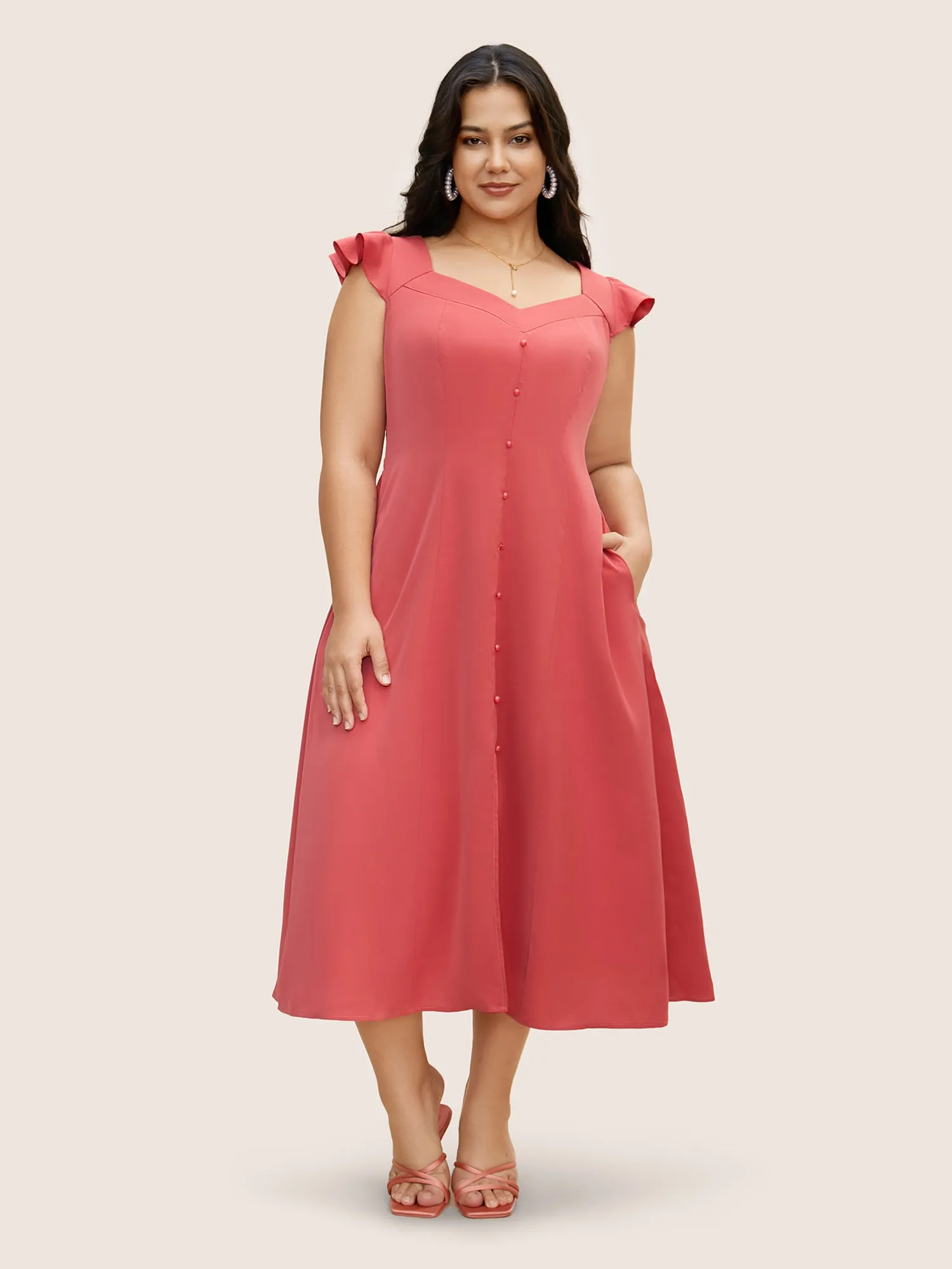 Solid Ruffle Cap Sleeve Button Detail Midi Dress sold by Bloomchic product image thumbnail 2