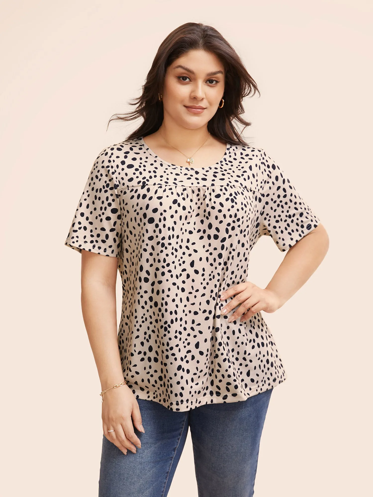 Polka Dot Round Neck Gathered T-shirt sold by Bloomchic