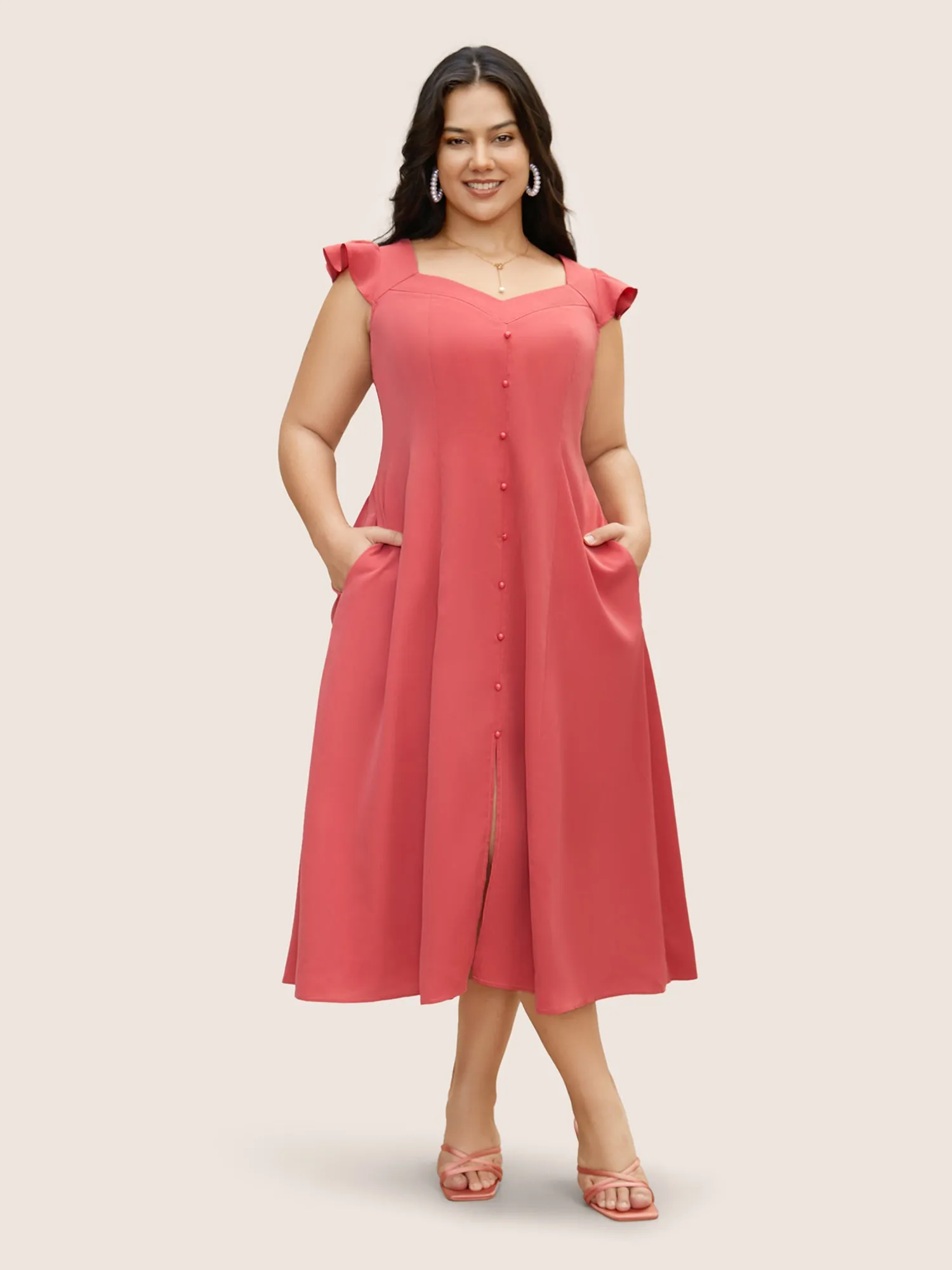 Solid Ruffle Cap Sleeve Button Detail Midi Dress sold by Bloomchic
