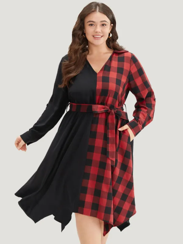 Plaid Patchwork Belted Hanky Hem Dress sold by Bloomchic