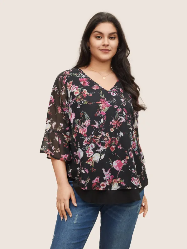 Chiffon Floral Print Mesh Patchwork Blouse sold by Bloomchic