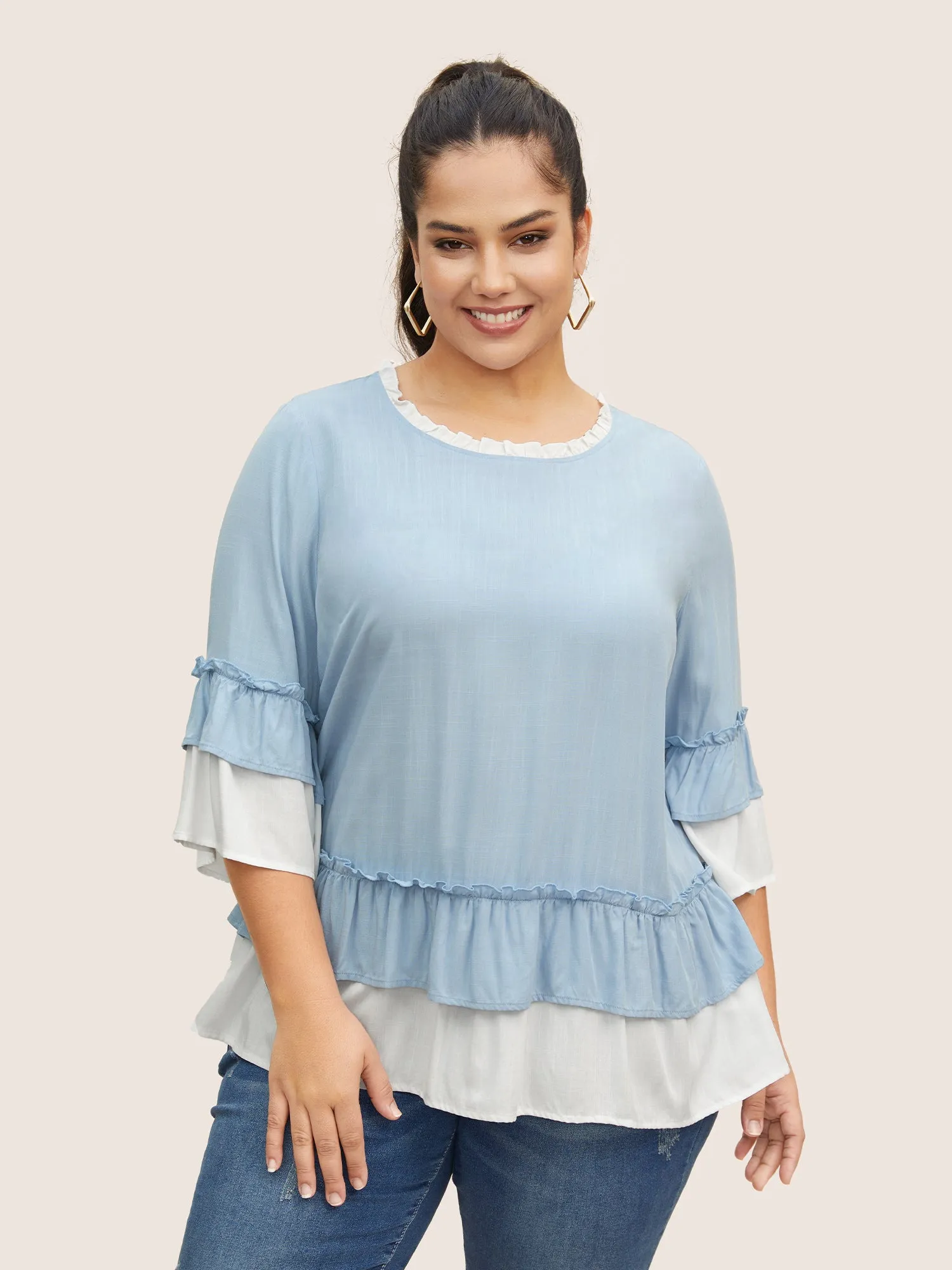 Contrast Frill Trim Tiered Ruffles Blouse sold by Bloomchic