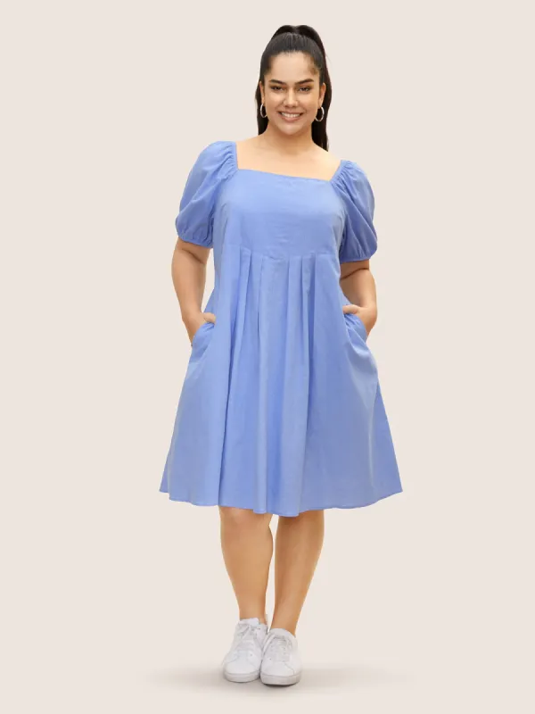 Square Neck Plain Pleated Puff Sleeve Dress sold by Bloomchic