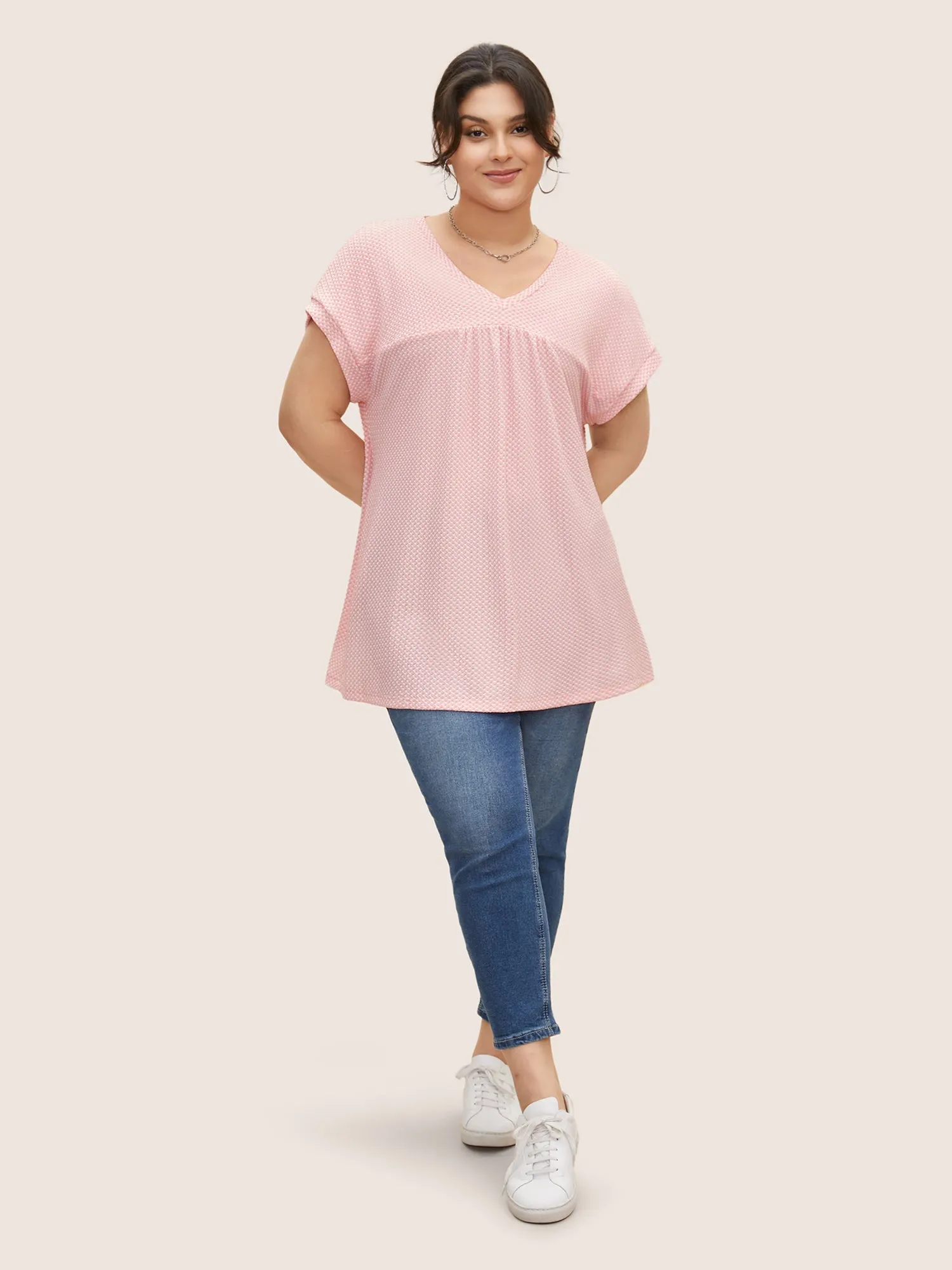 V Neck Plain Textured Batwing Sleeve T-shirt sold by Bloomchic product image thumbnail 2