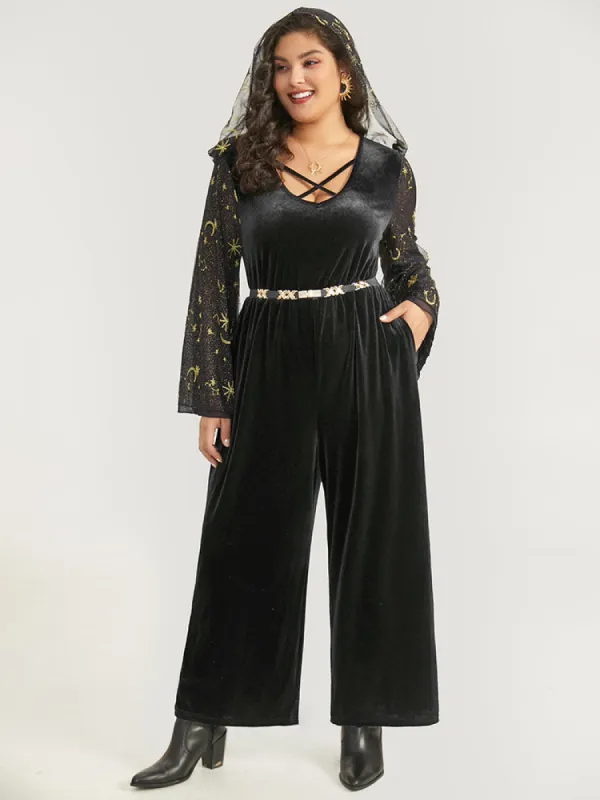 Halloween Moon & Star Glitter Mesh Crisscross Neck Jumpsuit sold by Bloomchic