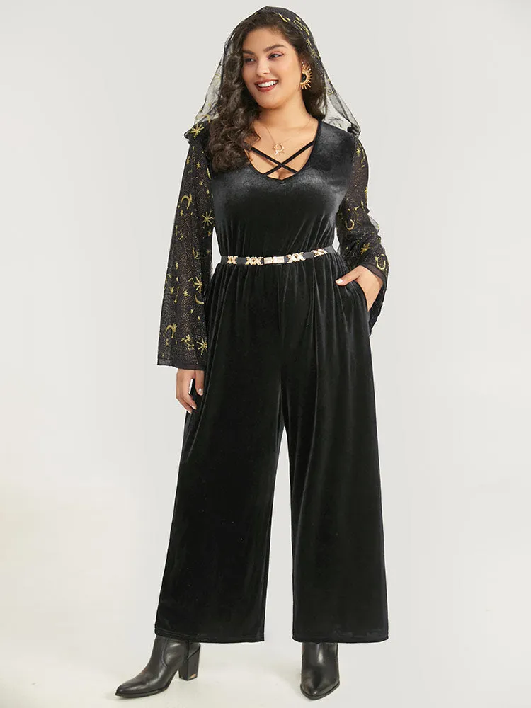 Halloween Moon & Star Glitter Mesh Crisscross Neck Jumpsuit sold by Bloomchic