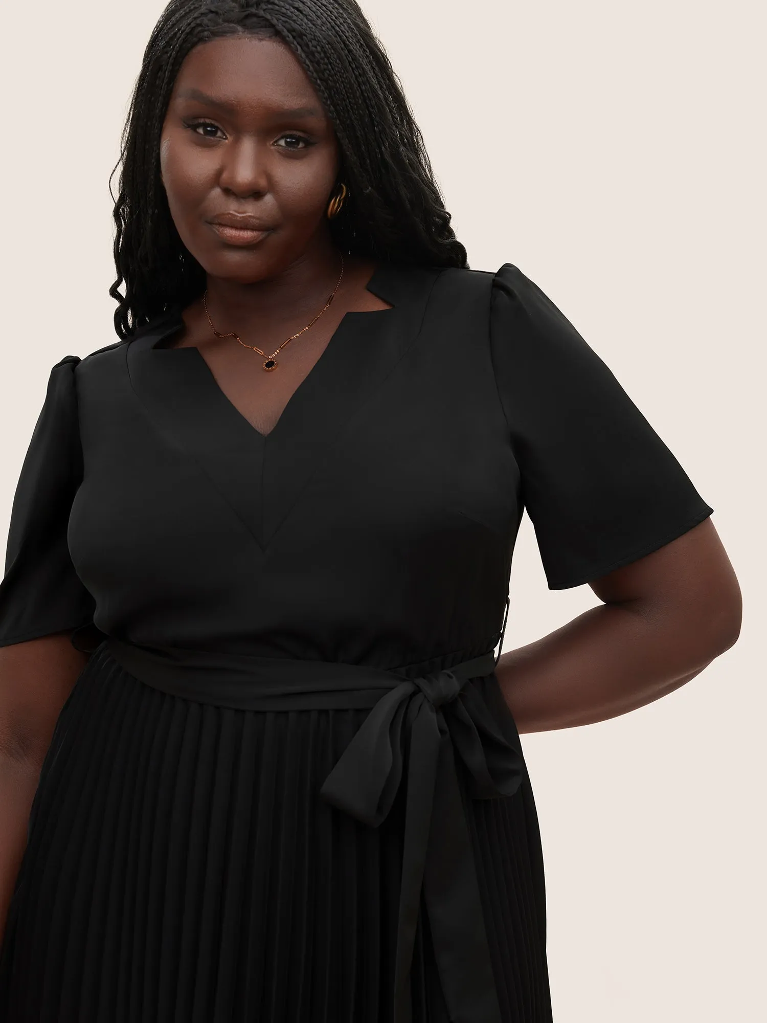 Solid Pleated Buckle Detail Belted Dress sold by Bloomchic product image thumbnail 3