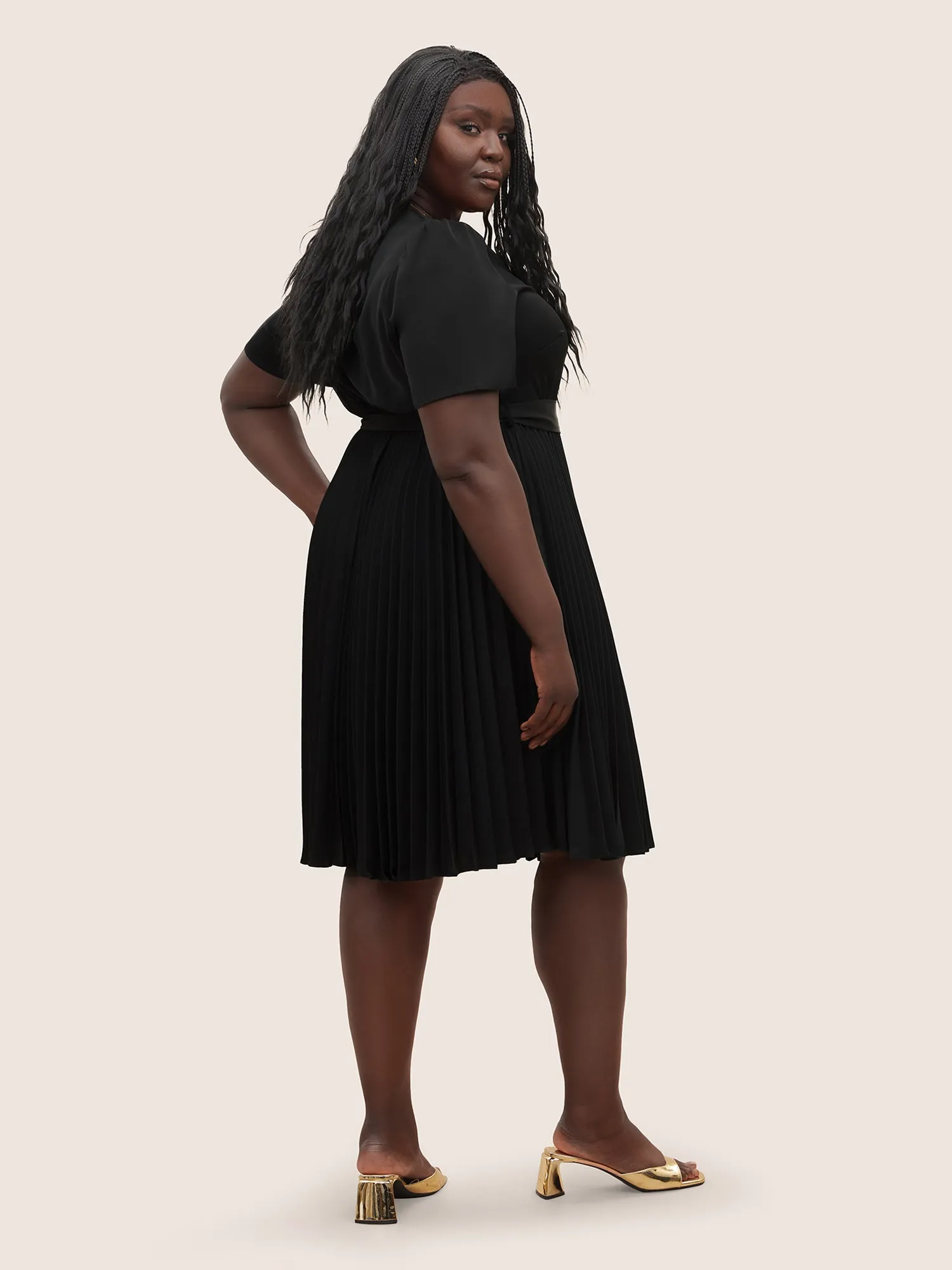 Solid Pleated Buckle Detail Belted Dress sold by Bloomchic product image thumbnail 4