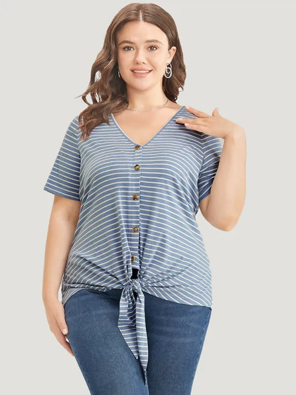 Striped Contrast Knotted Hem Button Detail T-shirt sold by Bloomchic