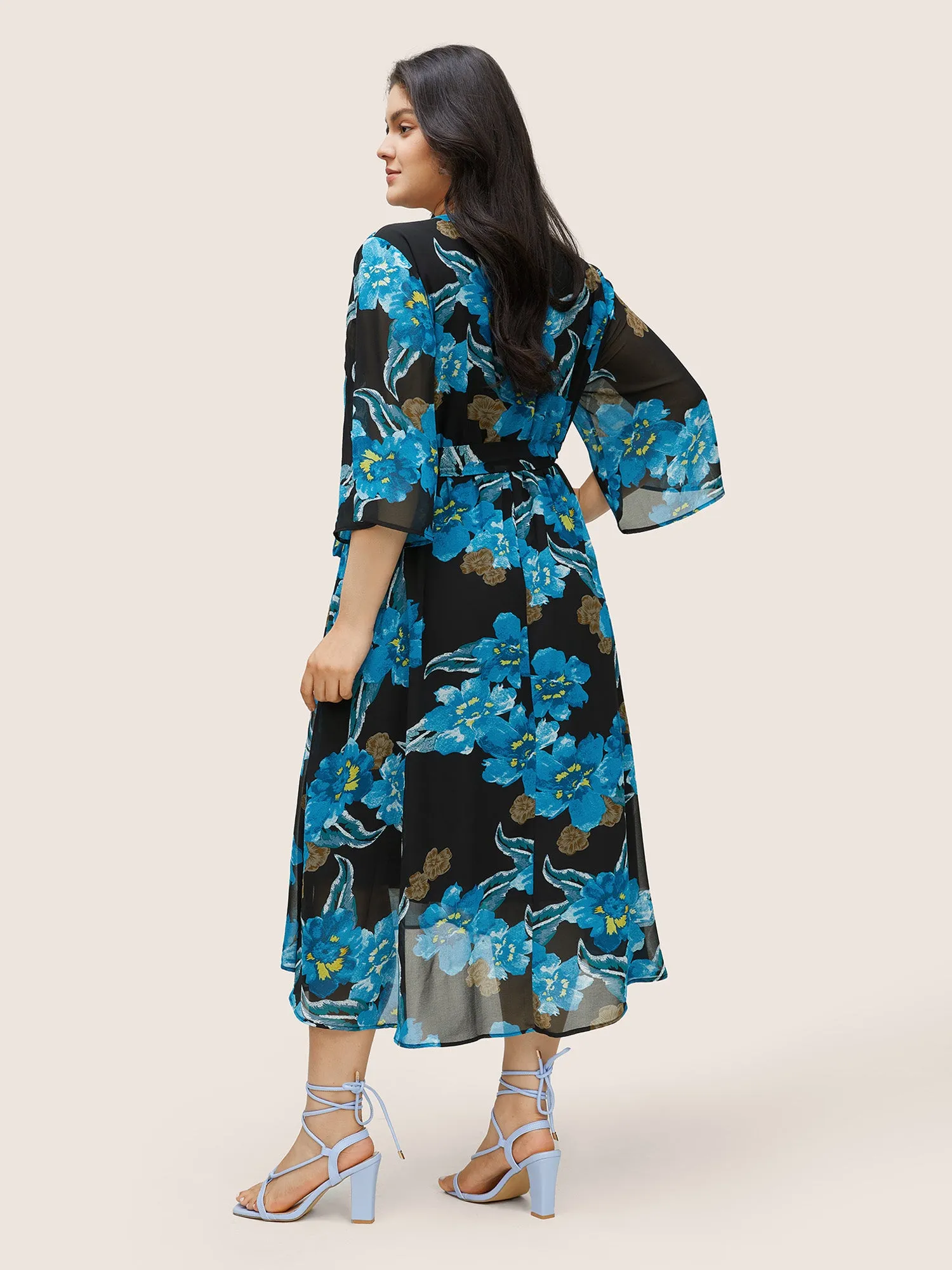 Floral Print Surplice Neck Belted Mesh Dress sold by Bloomchic product image thumbnail 3