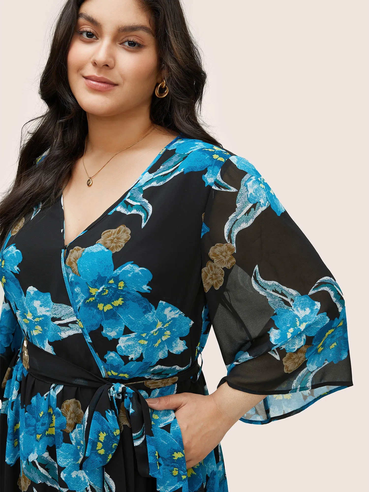 Floral Print Surplice Neck Belted Mesh Dress sold by Bloomchic product image thumbnail 4