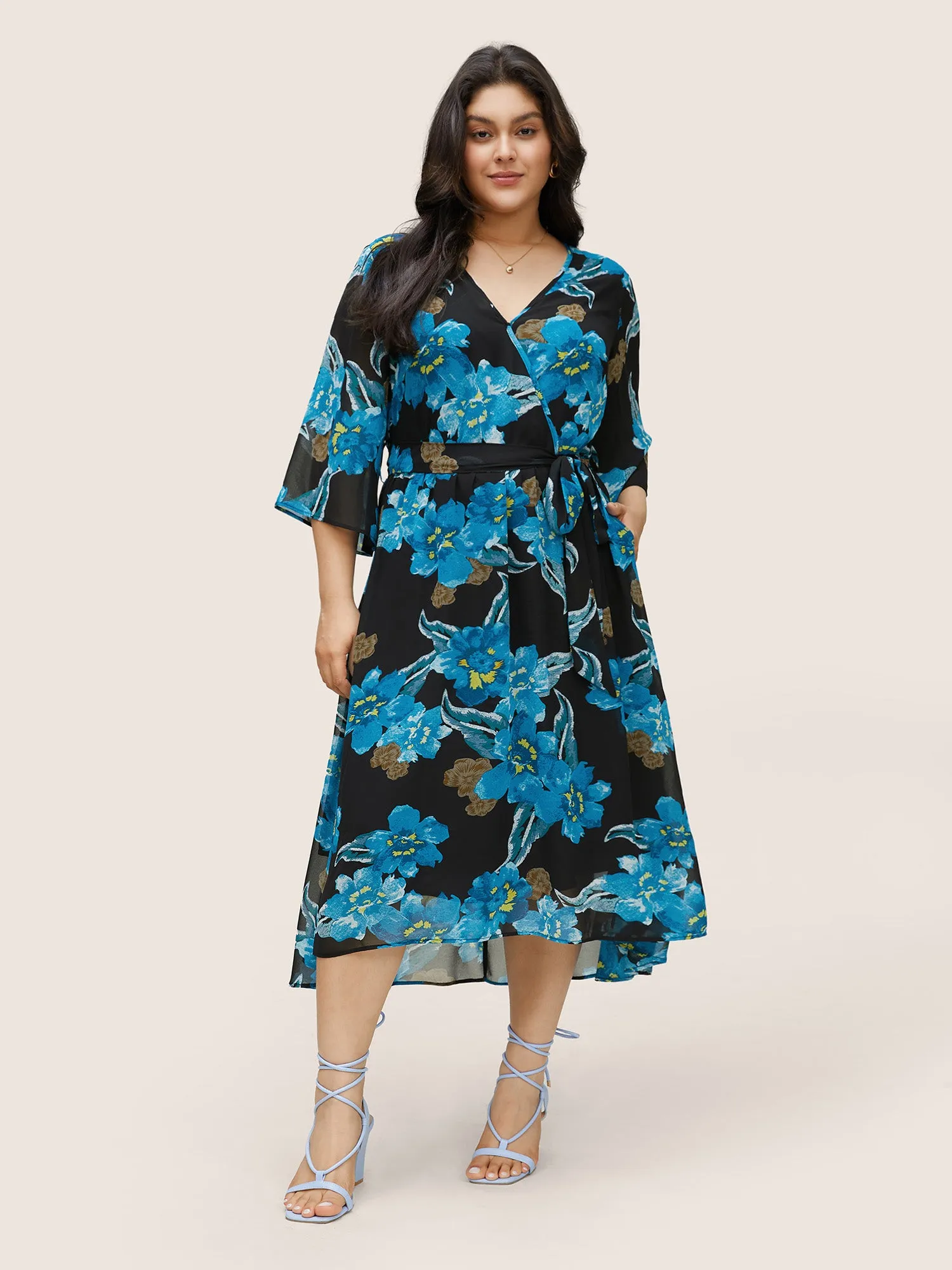 Floral Print Surplice Neck Belted Mesh Dress sold by Bloomchic