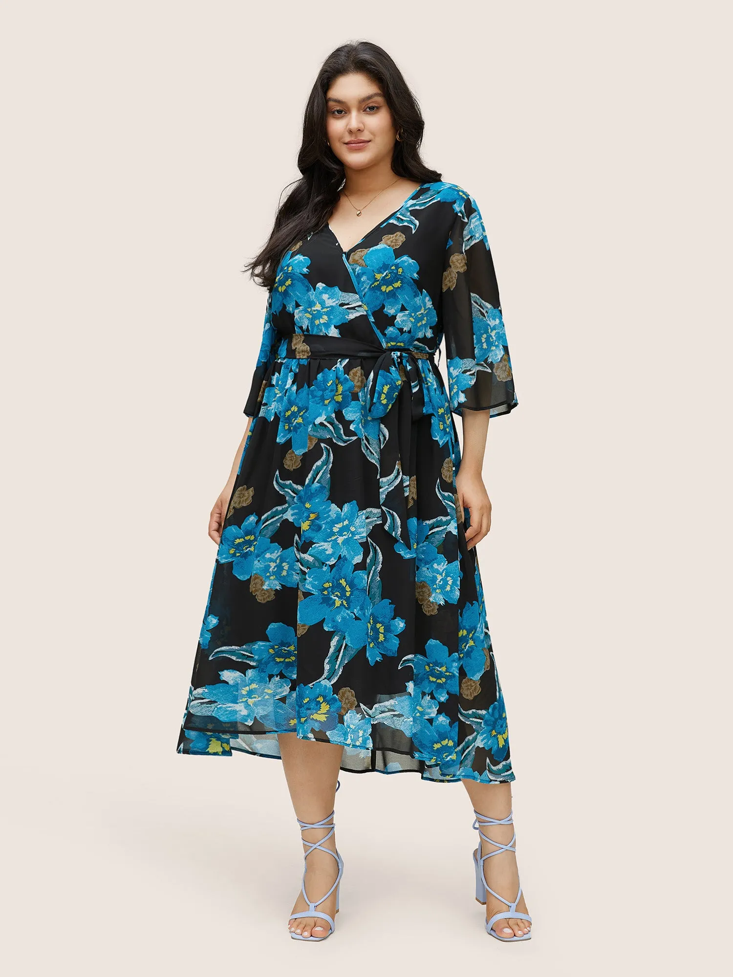 Floral Print Surplice Neck Belted Mesh Dress sold by Bloomchic product image thumbnail 2