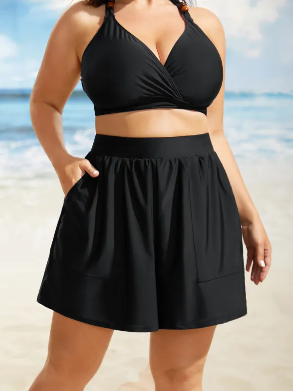 High Rise Slanted Pocket Gathered Swim Bottom sold by Bloomchic