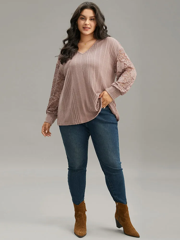 Lace Panel V Neck Lantern Sleeve Sweatshirt sold by Bloomchic product image thumbnail 4