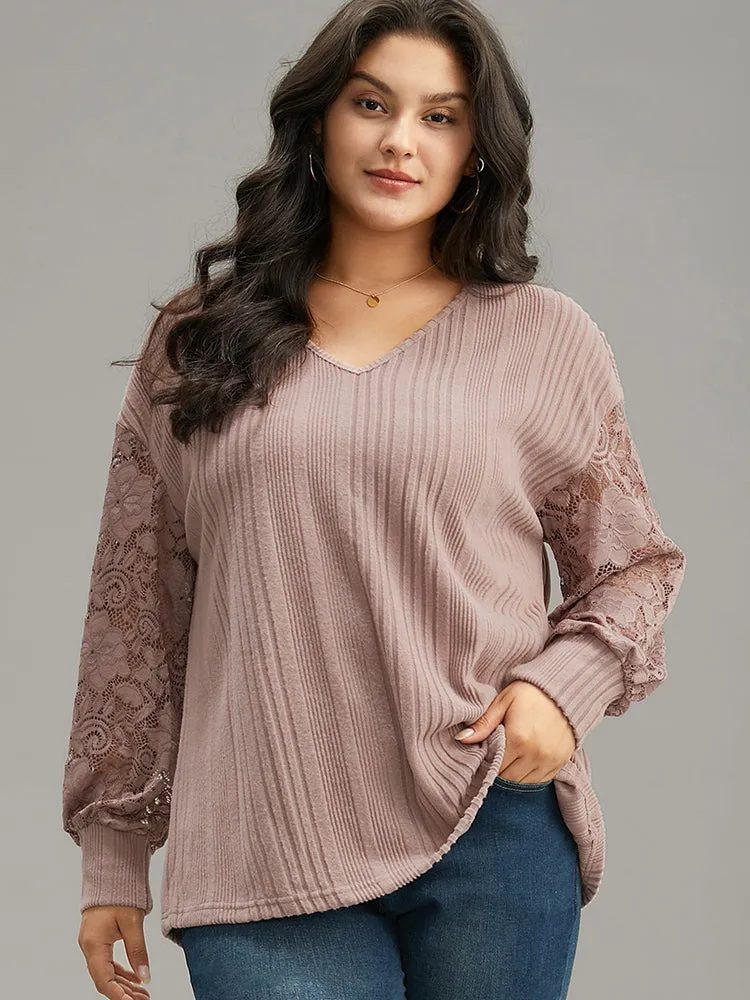 Lace Panel V Neck Lantern Sleeve Sweatshirt sold by Bloomchic
