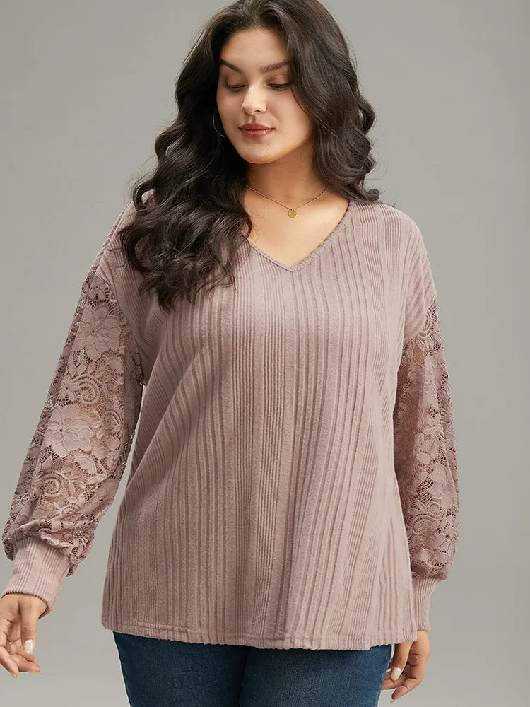Lace Panel V Neck Lantern Sleeve Sweatshirt sold by Bloomchic product image thumbnail 5