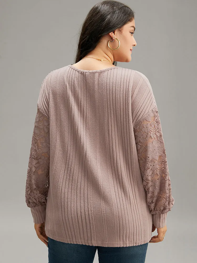 Lace Panel V Neck Lantern Sleeve Sweatshirt sold by Bloomchic product image thumbnail 2