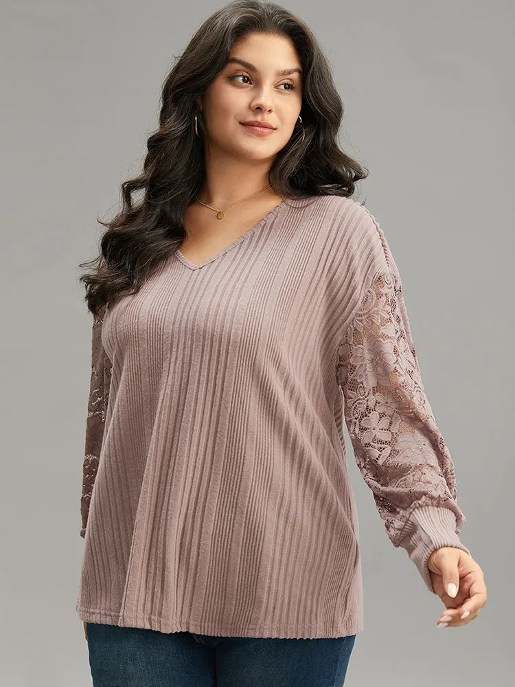 Lace Panel V Neck Lantern Sleeve Sweatshirt sold by Bloomchic product image thumbnail 3