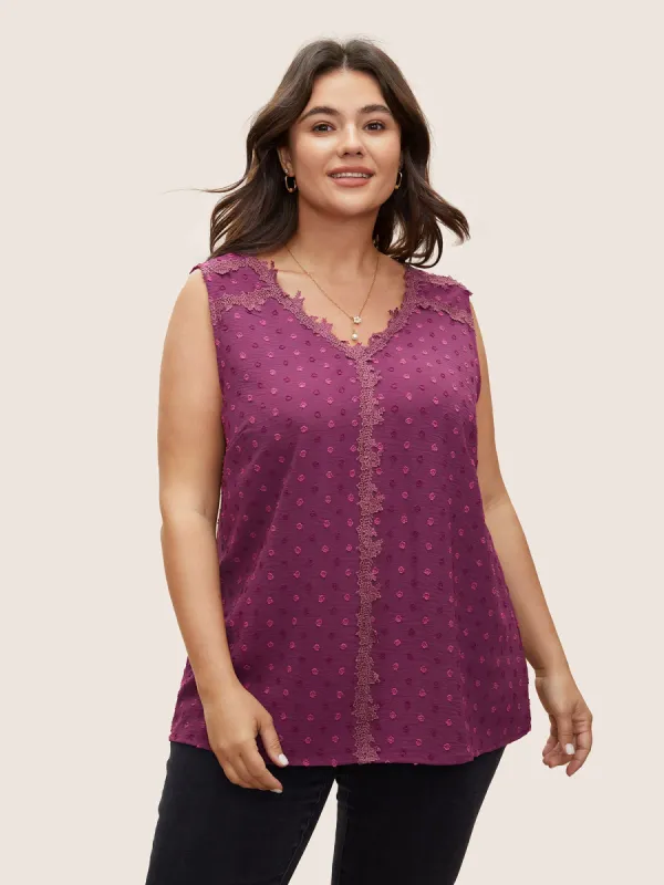 Solid V Neck Lace Panel Textured Tank Top sold by Bloomchic