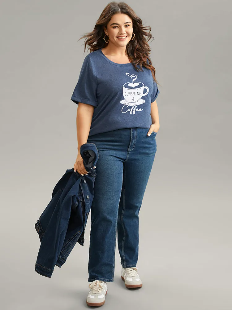 Coffee Cup Print Cuffed Sleeve Crew Neck T-shirt sold by Bloomchic product image thumbnail 5