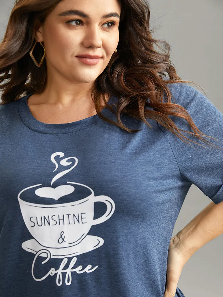 Coffee Cup Print Cuffed Sleeve Crew Neck T-shirt sold by Bloomchic product image thumbnail 2