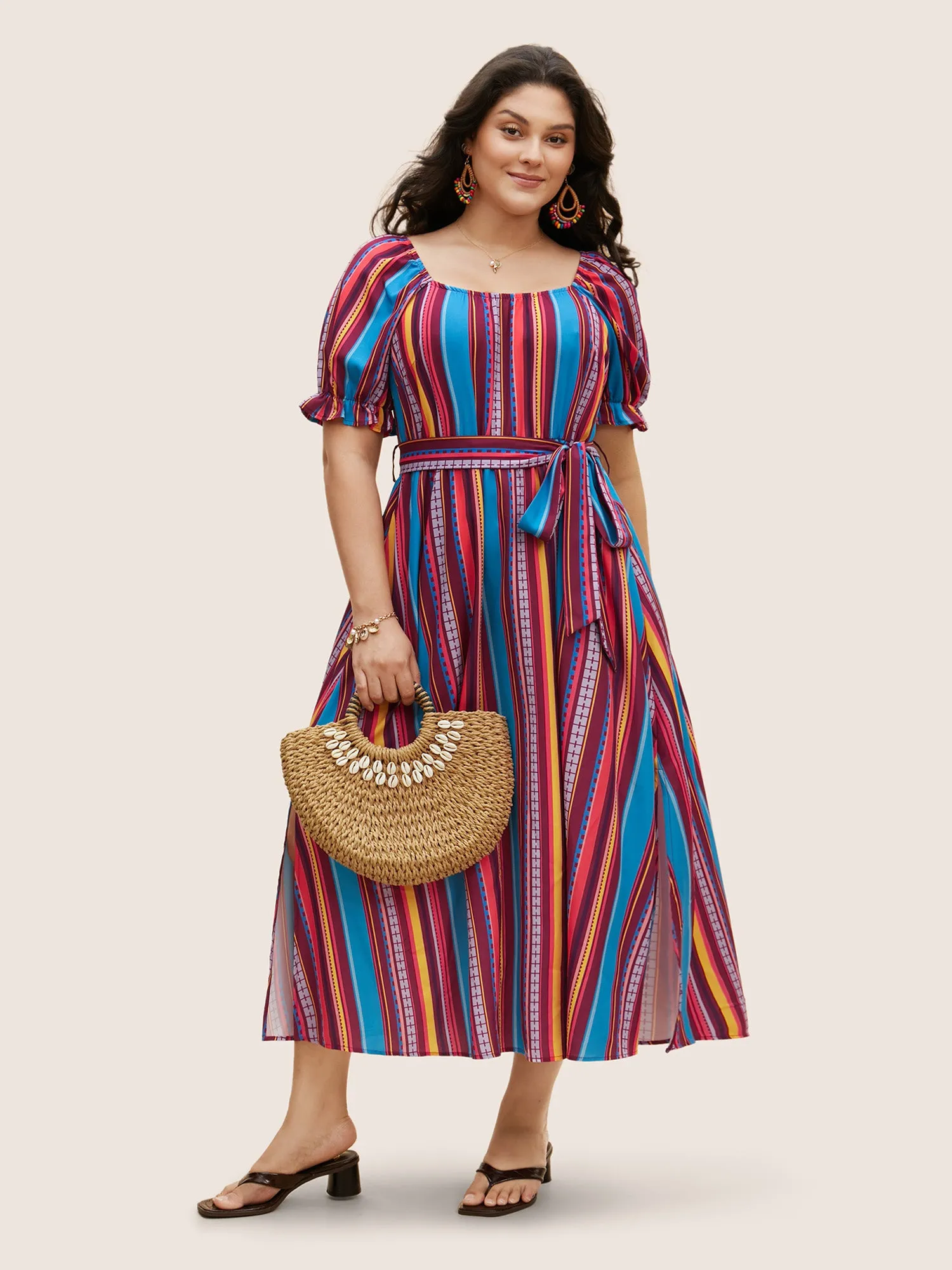Striped Belted Slit Hem Lantern Sleeve Dress sold by Bloomchic product image thumbnail 3