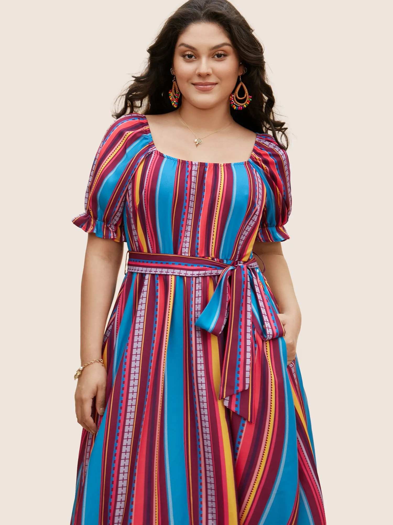 Striped Belted Slit Hem Lantern Sleeve Dress sold by Bloomchic product image thumbnail 2