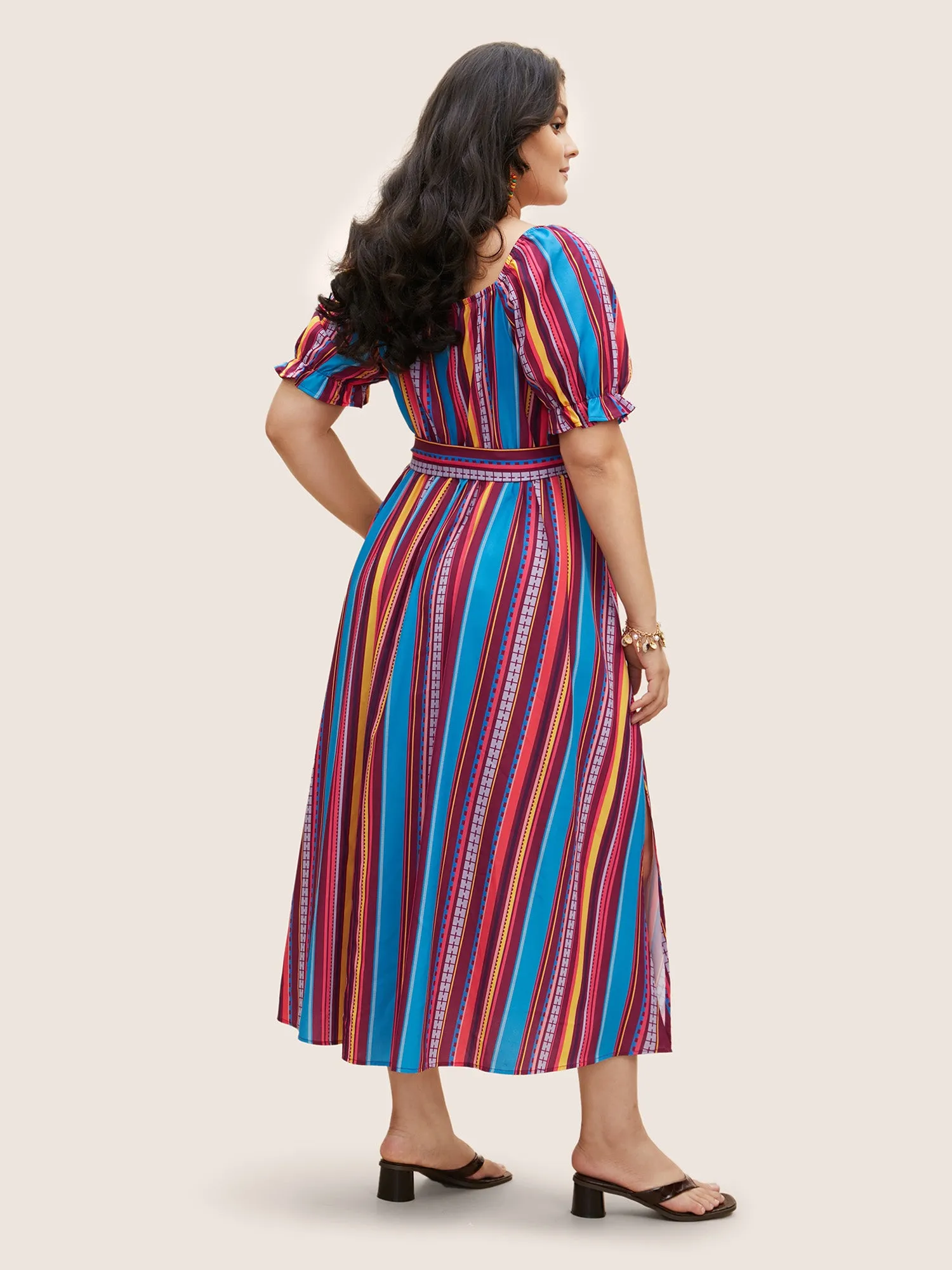 Striped Belted Slit Hem Lantern Sleeve Dress sold by Bloomchic product image thumbnail 4