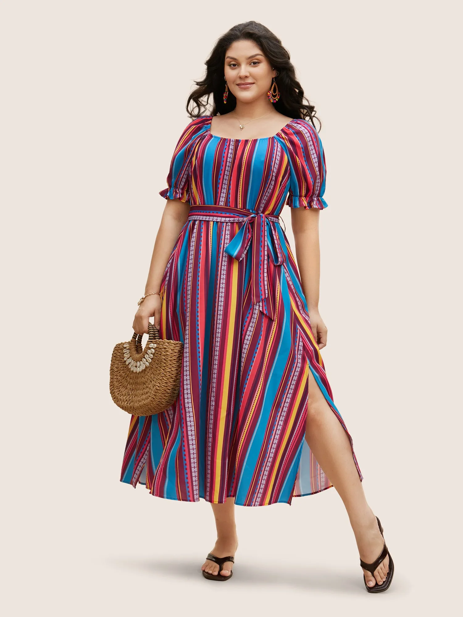 Striped Belted Slit Hem Lantern Sleeve Dress sold by Bloomchic