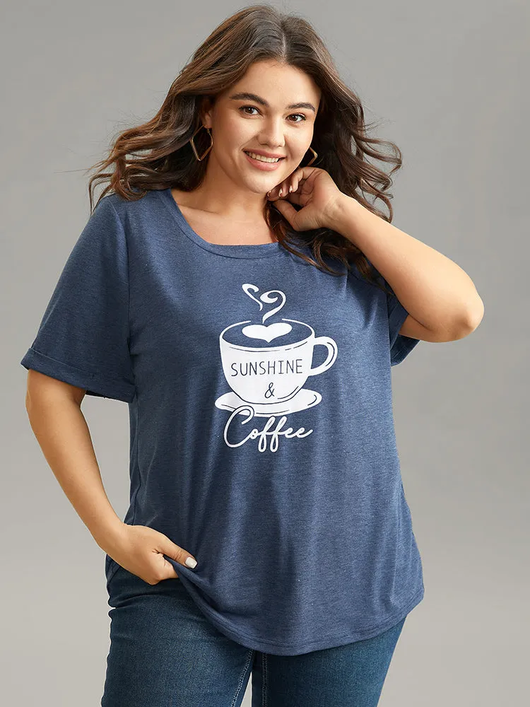 Coffee Cup Print Cuffed Sleeve Crew Neck T-shirt sold by Bloomchic product image thumbnail 4