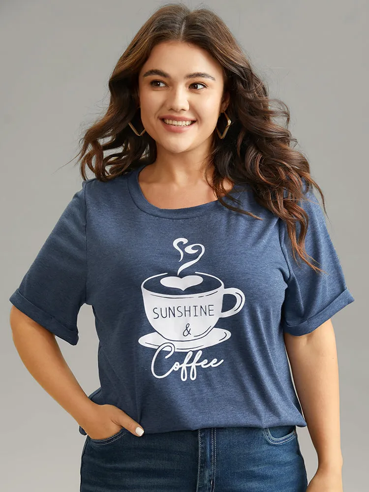 Coffee Cup Print Cuffed Sleeve Crew Neck T-shirt sold by Bloomchic