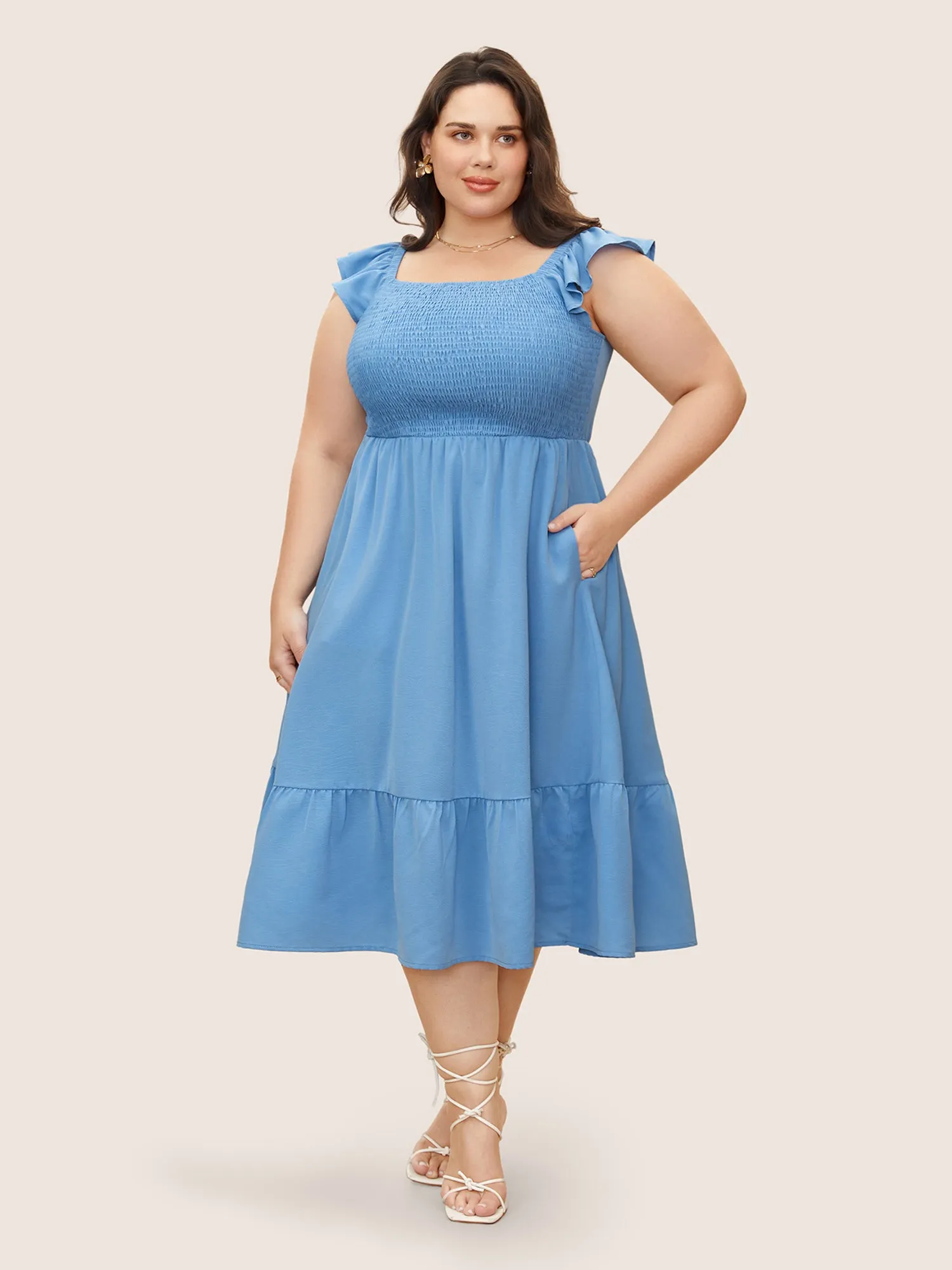 Square Neck Solid Ruffles Shirred Dress sold by Bloomchic product image thumbnail 2